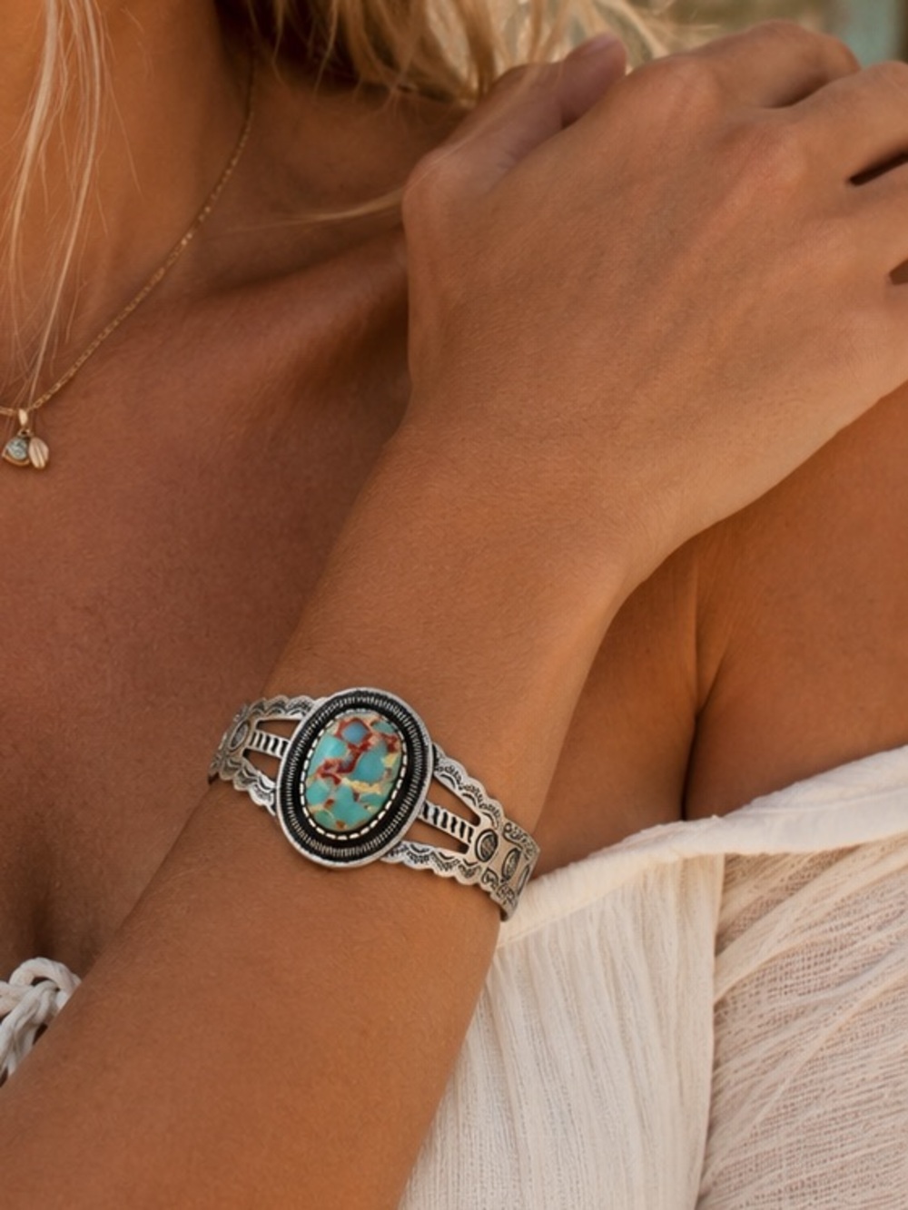 Western Turquoise Cuff Bracelet Boho Silver Tone Statement Cowgirl Bangle